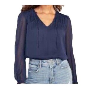 Old Navy Blouse Top Womens Size Large Navy Blue Chiffon Smocked Long Sleeve
